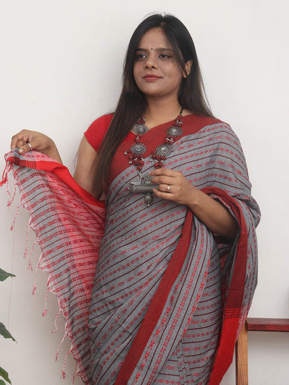 Grey Handloom Bengal Cotton Saree - Luxurion World