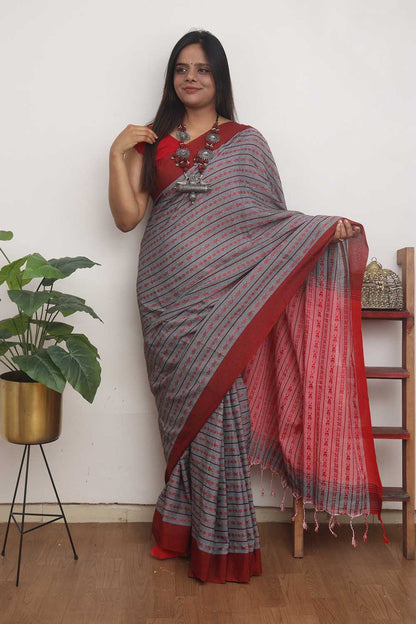 Grey Handloom Bengal Cotton Saree - Luxurion World