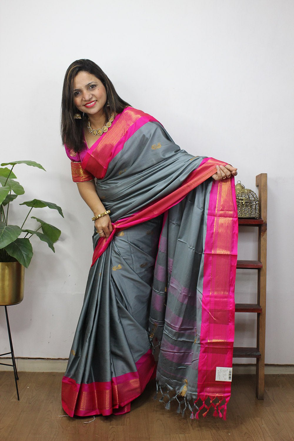 Grey Color Heavy Jacquard Border Soft Banarasi Silk Saree – Amrutamfab