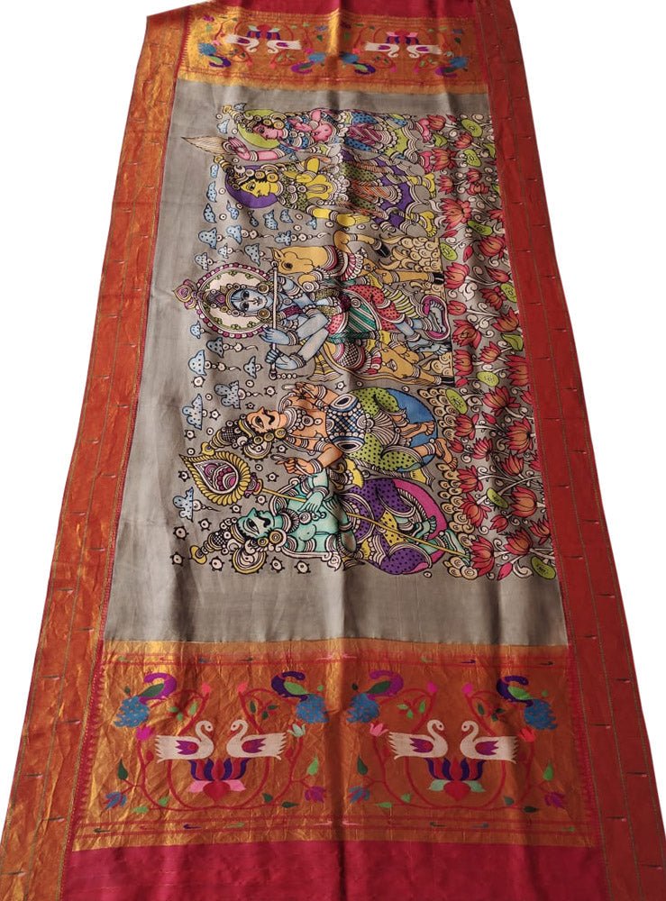 Grey Pen Kalamkari Paithani Pure Silk Muniya Border Dupatta - Luxurion World