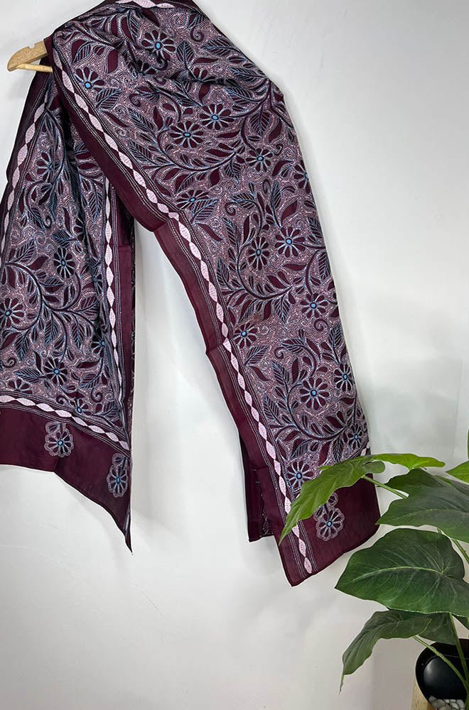 Maroon Hand Embroidered Reverse Kantha Pure Bangalore Silk Stole - Luxurion World