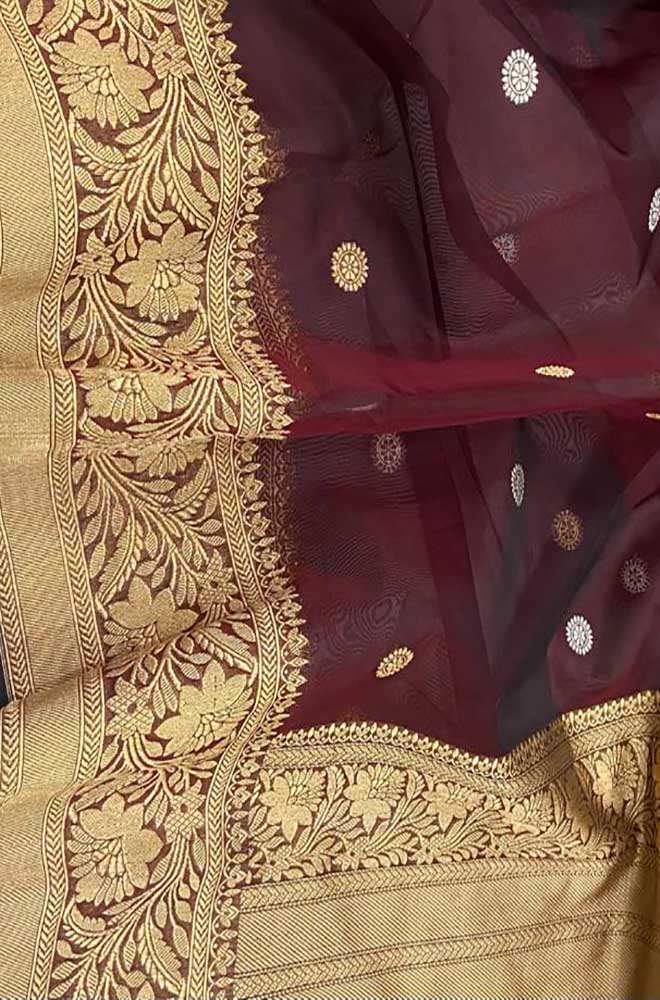 Maroon Handloom Banarasi Pure Kora Silk Sona Roopa Saree - Luxurion World