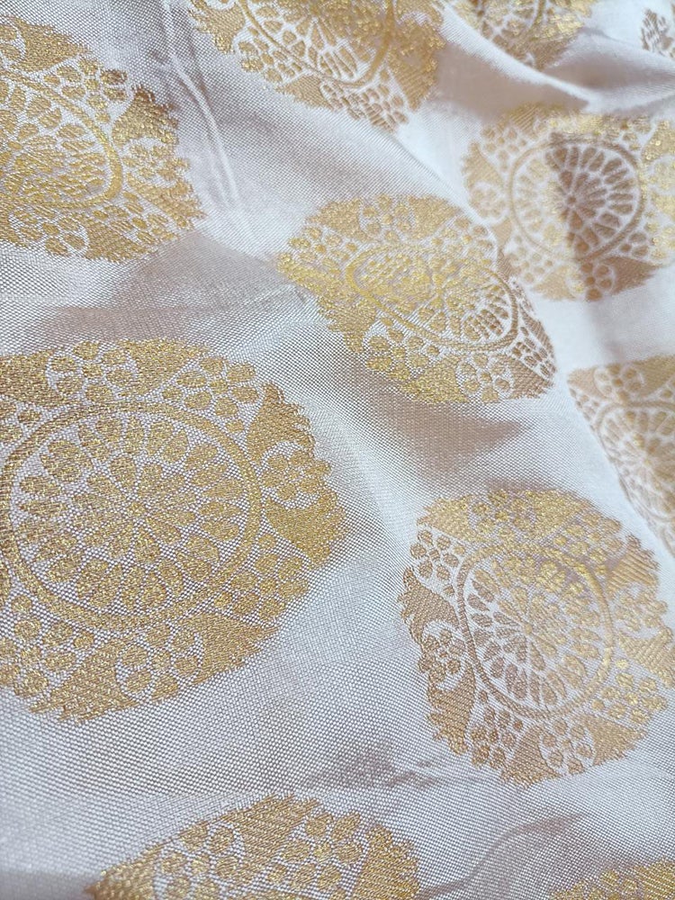 Off White Banarasi Silk Round Design Fabric (1 Mtr) - Luxurion World