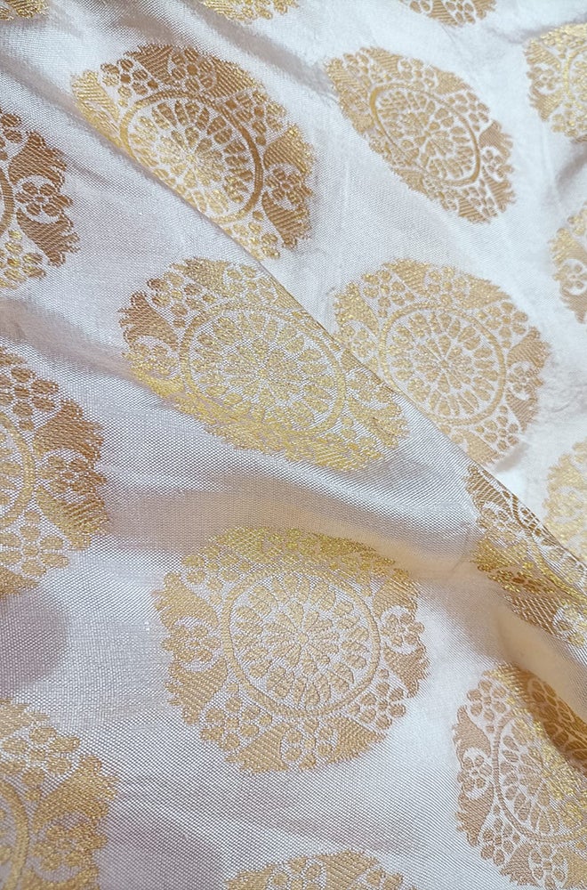 Off White Banarasi Silk Round Design Fabric (1 Mtr) - Luxurion World