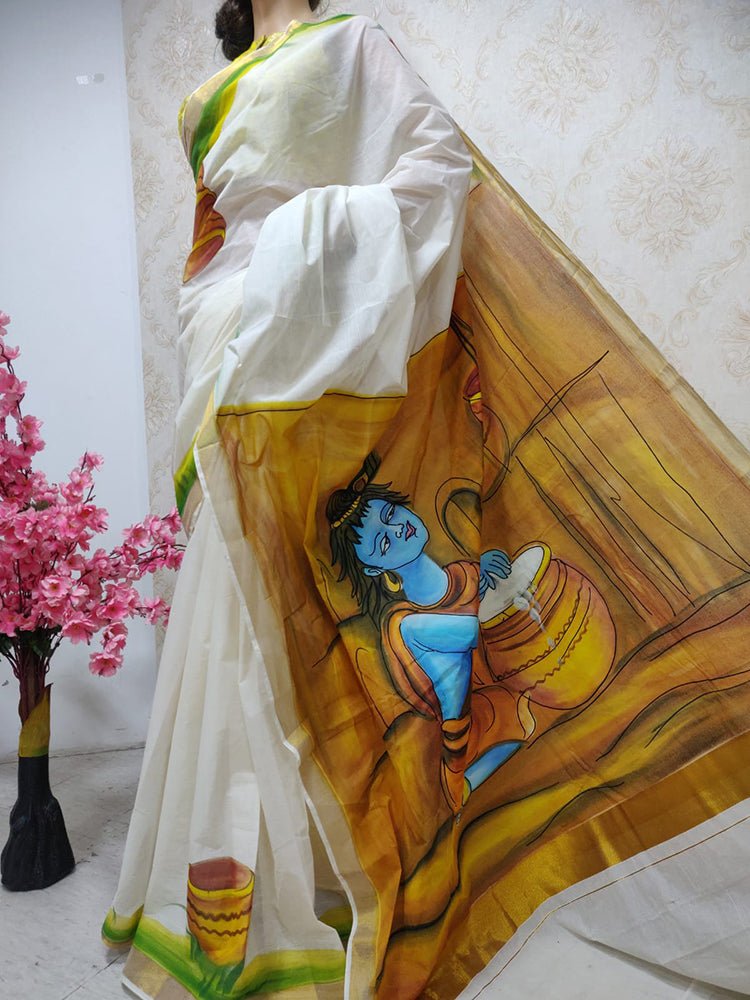 Kerala Kasavu Saree/With Blouse/Cotton/Off white, केरल कॉटन साड़ी, केरल  सूती साड़ी - Bongfooodie, Hyderabad | ID: 2851896314697