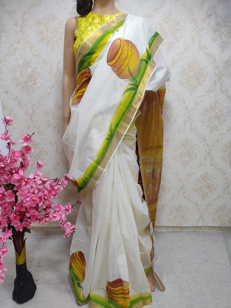 Buy Ready to Wear Saree Kerala Kasavu Cream White Cotton Online