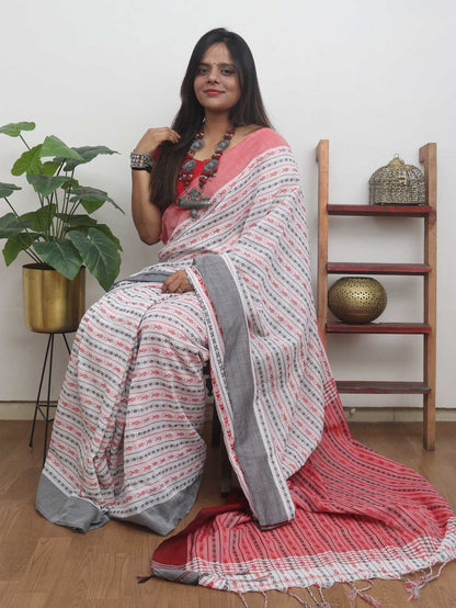 Off White Handloom Bengal Cotton Saree - Luxurion World