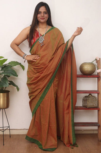 Orange Bengal Plain Cotton Saree - Luxurion World