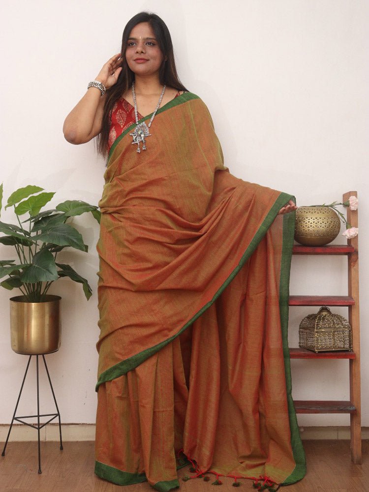 Orange Bengal Plain Cotton Saree - Luxurion World