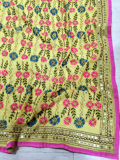 Yellow Hand Embroidered Phulkari Georgette Dupatta - Luxurion World