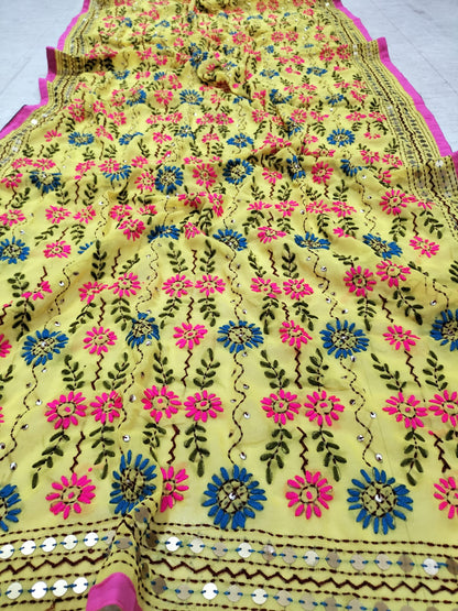 Yellow Hand Embroidered Phulkari Georgette Dupatta - Luxurion World