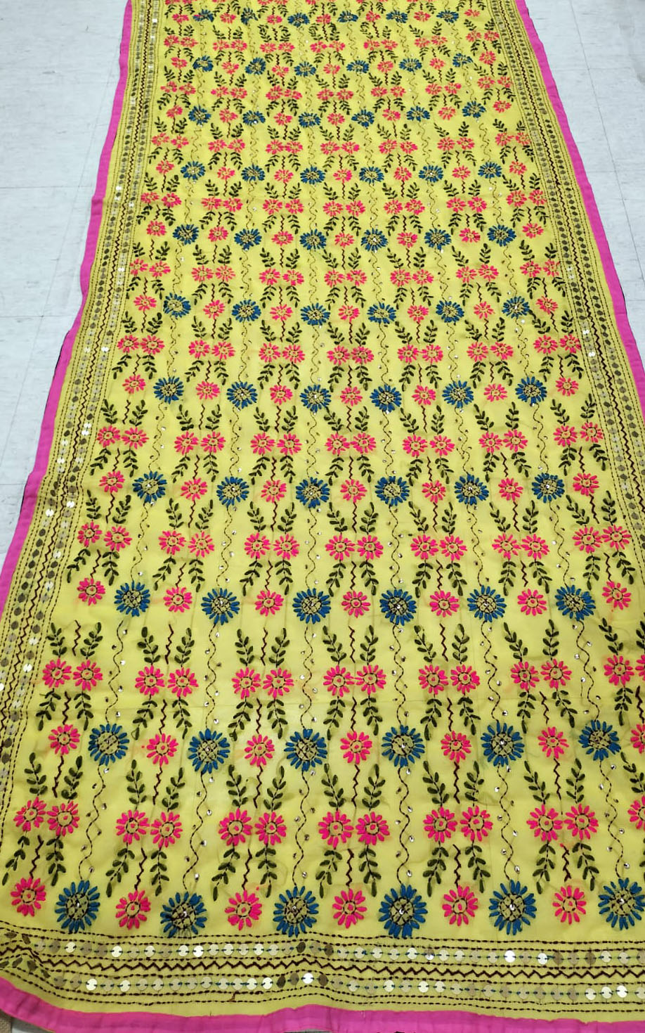 Yellow Hand Embroidered Phulkari Georgette Dupatta - Luxurion World