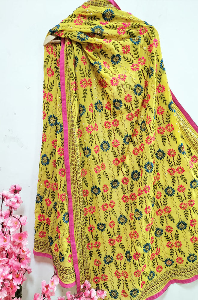 Yellow Hand Embroidered Phulkari Georgette Dupatta - Luxurion World