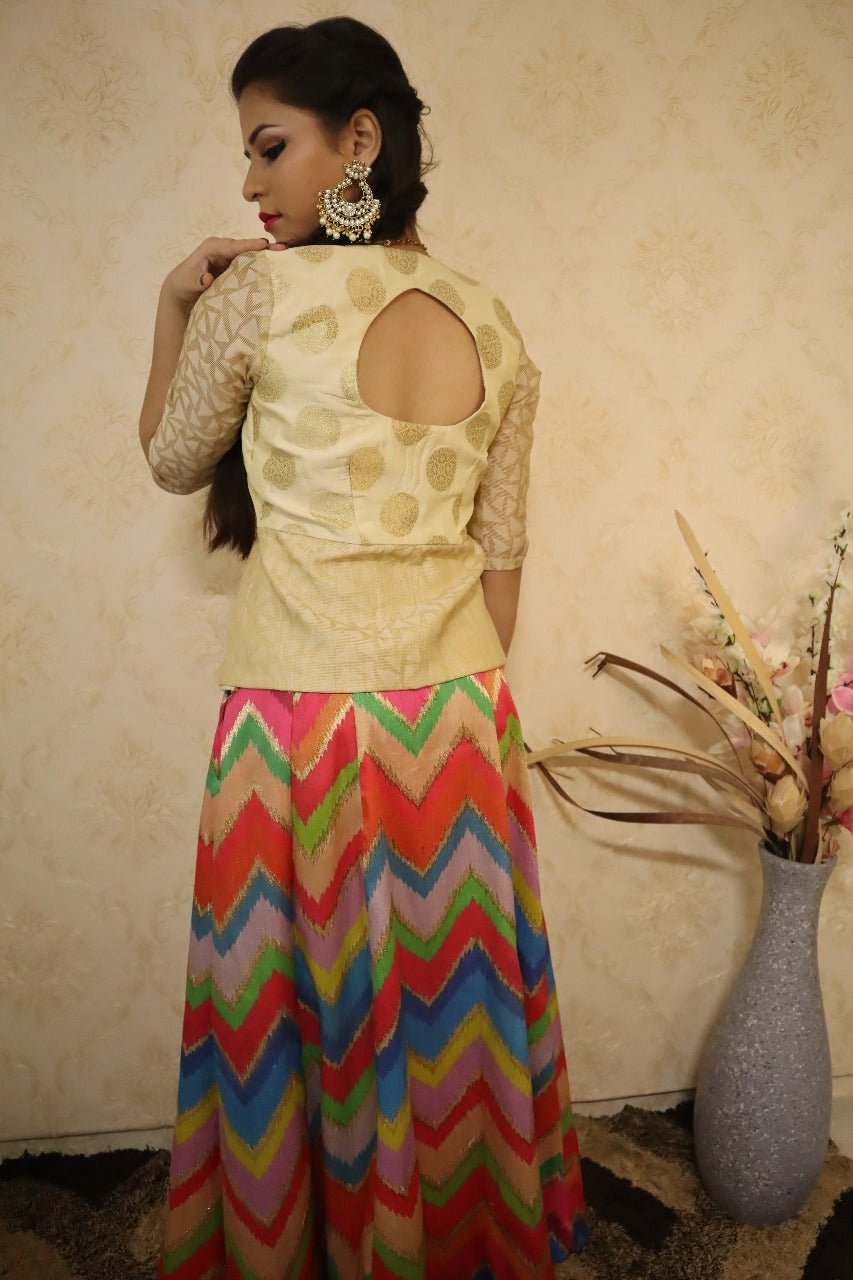 COLOUR BLOCK EMBELLISHED LEHENGA TEAMED WITH LINEN OVERSIZED SHIRT AND