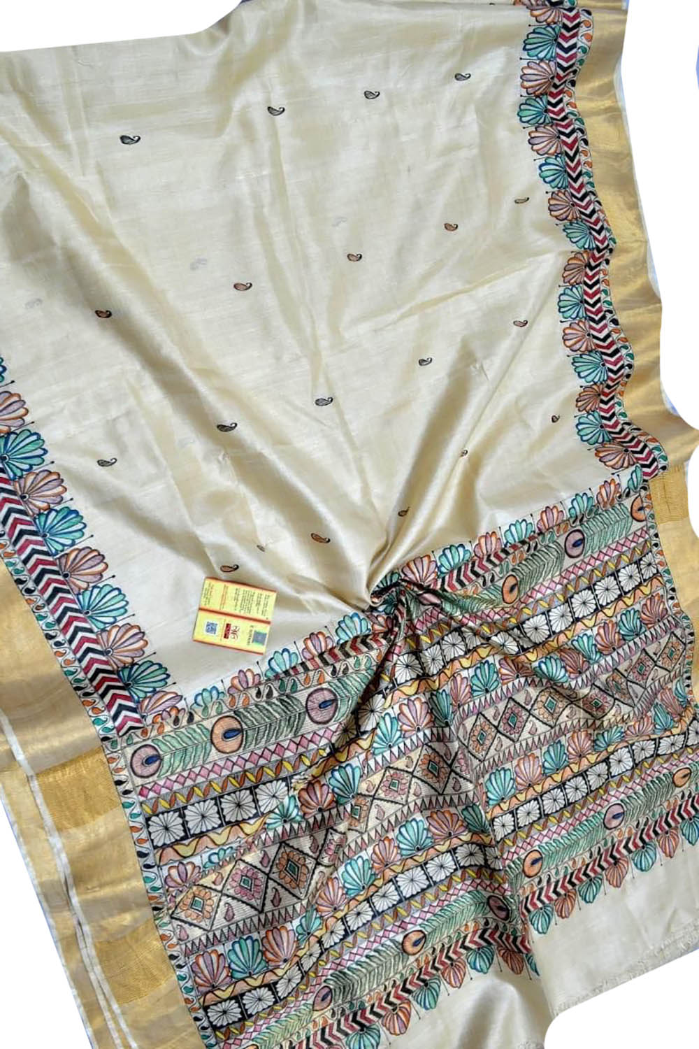 Pastel Hand Painted Madhubani Tussar Silk Saree - Luxurionworld