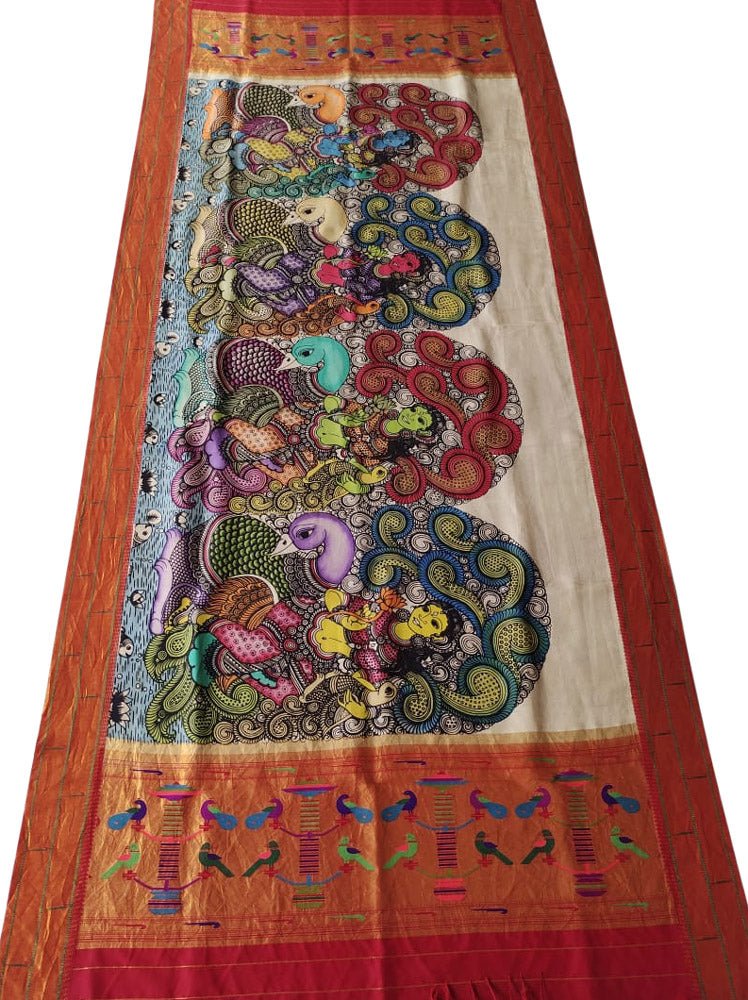 Pastel Pen Kalamkari Paithani Pure Silk Muniya Border Dupatta - Luxurion World