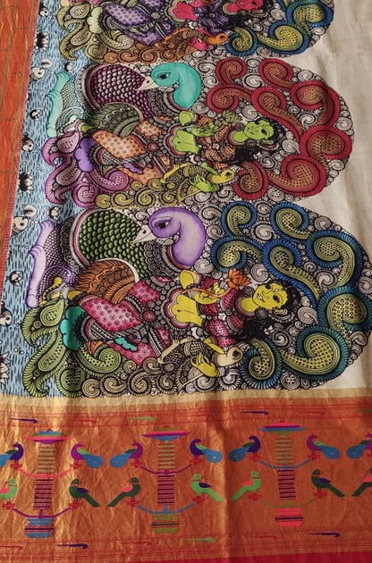 Pastel Pen Kalamkari Paithani Pure Silk Muniya Border Dupatta - Luxurion World