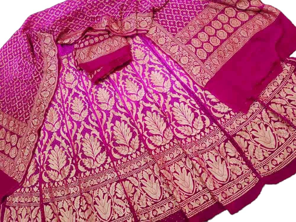 pink and purple banarasi bandhani pure georgette neemzari unstitched lehenga set 316364