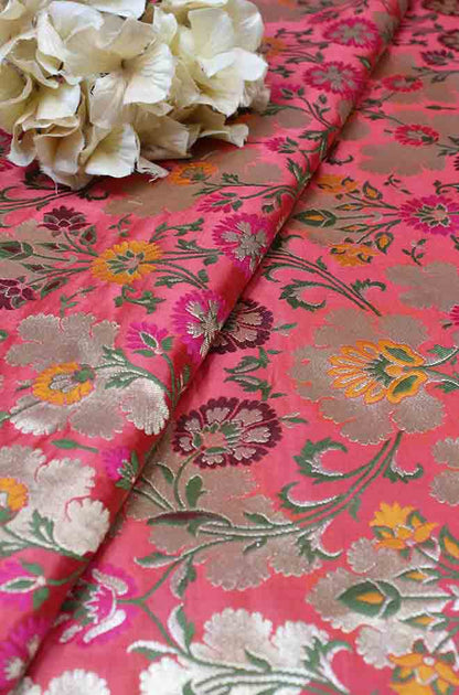 Pink Banarasi Kimkhwab Silk Meenakari Fabric ( 1 Mtr ) - Luxurion World