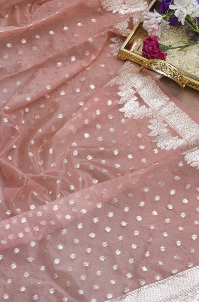 Pink Banarasi Organza Dupatta - Luxurion World