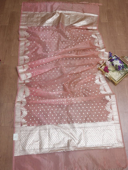 Pink Banarasi Organza Dupatta - Luxurion World