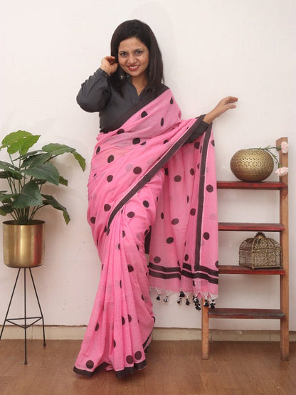 Pink Bengal Cotton Polka Dots Saree - Luxurion World