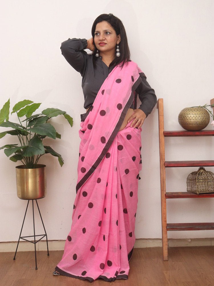 Pink Bengal Cotton Polka Dots Saree - Luxurion World