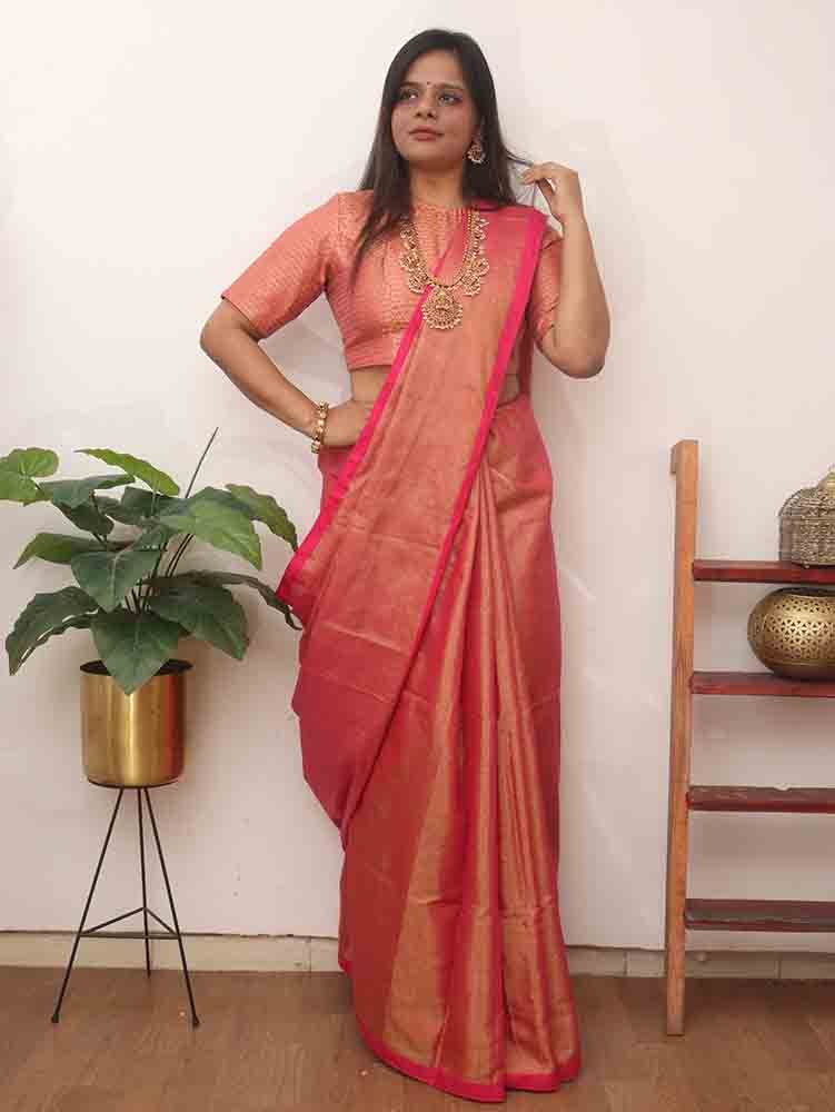 Baby Pink Banarasi Glass Tissue Saree with Embroidered Border and Blouse |  The Silk Trend