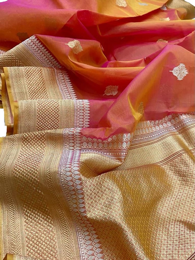 Pink Pure Kora Silk Leheriya Saree Set