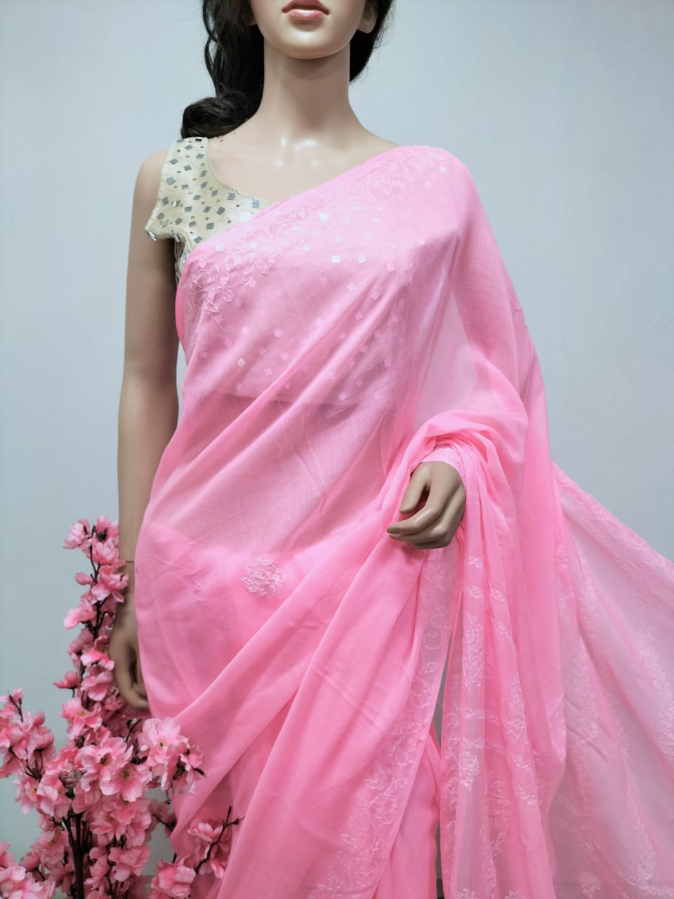 Pink Chikankari Pure Cotton Saree with Hand Painted Blouse - Luxurionworld