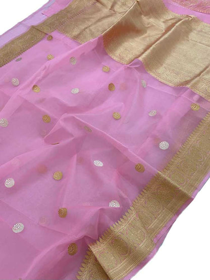 Pink Handloom Banarasi Pure Kora Silk Sona Roopa Saree - Luxurion World