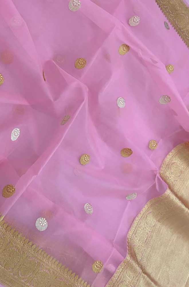 Pink Handloom Banarasi Pure Kora Silk Sona Roopa Saree - Luxurion World