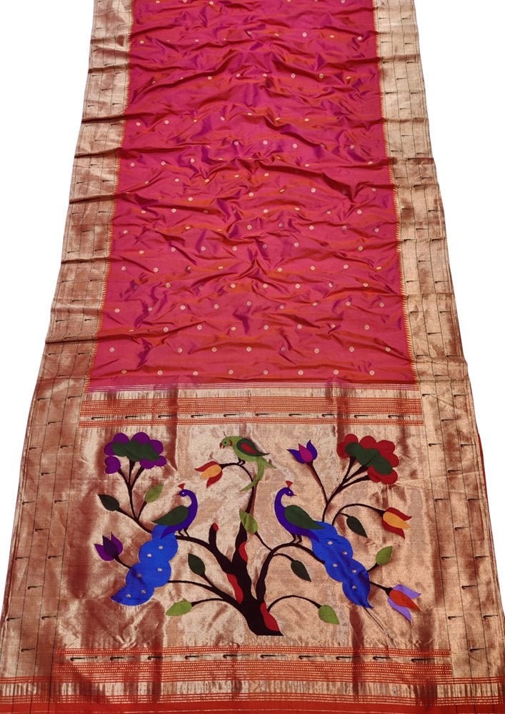 Pink Handloom Paithani Pure Silk Triple Muniya Border Peacock Design Saree - Luxurion World