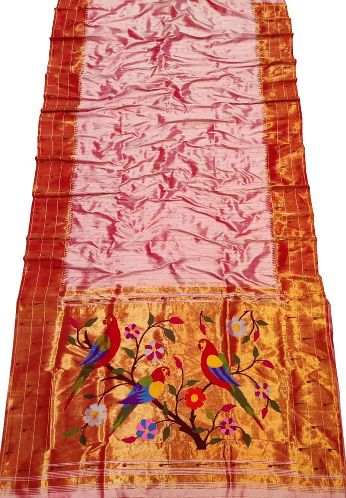 Pink Handloom Paithani Pure Silk Triple Muniya Border Saree - Luxurion World