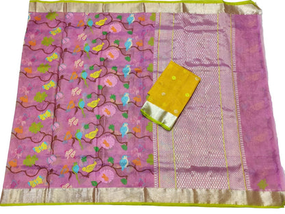 Pink Handloom Tissue Kota Doria Real Zari Saree - Luxurion World