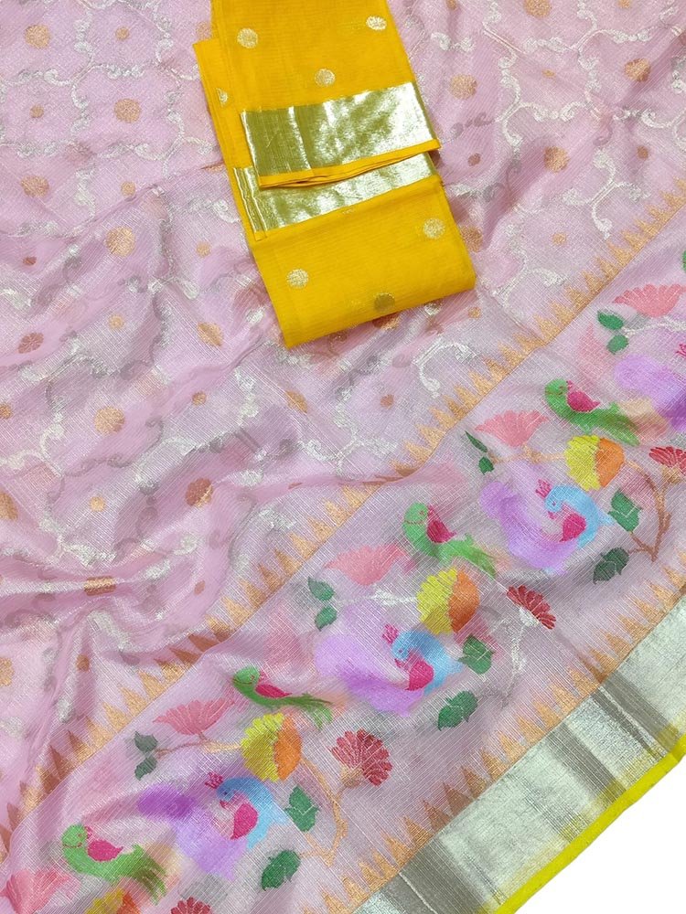 Pink Handloom Tissue Kota Doria Real Zari Saree - Luxurion World