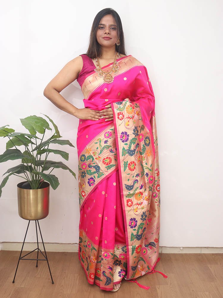 Pink Paithani Silk Flower And Bird Design Saree - Luxurion World