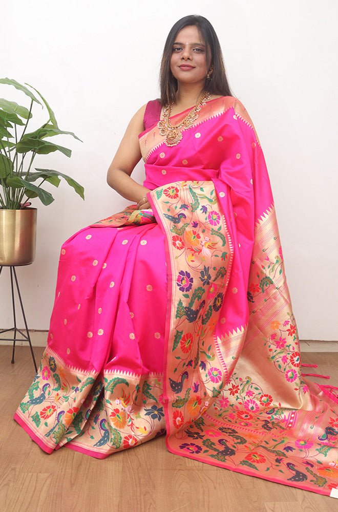 Pink Paithani Silk Flower And Bird Design Saree - Luxurion World