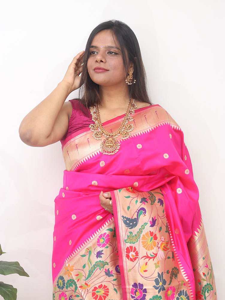 Pink Paithani Silk Flower And Bird Design Saree - Luxurion World