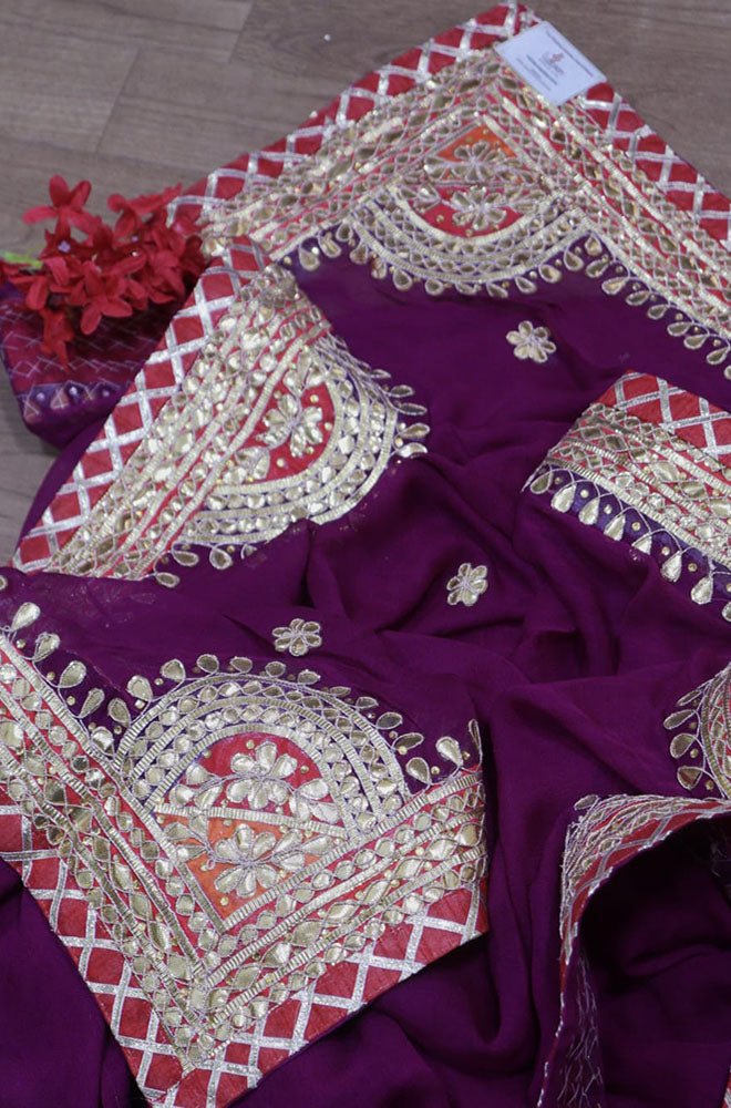 Burgundy Hand Embroidered Gota Patti Pure Crepe Saree – Talking Threads