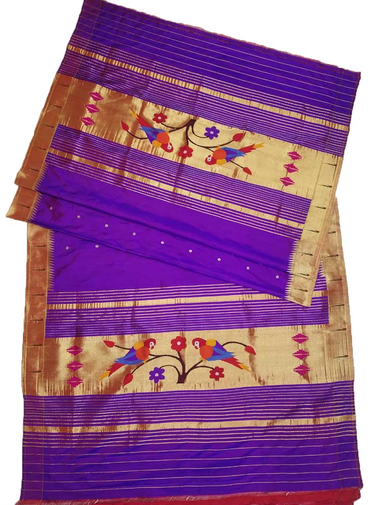 Purple Handloom Paithani Pure Silk Single Muniya Border Parrot Design Dupatta - Luxurion World