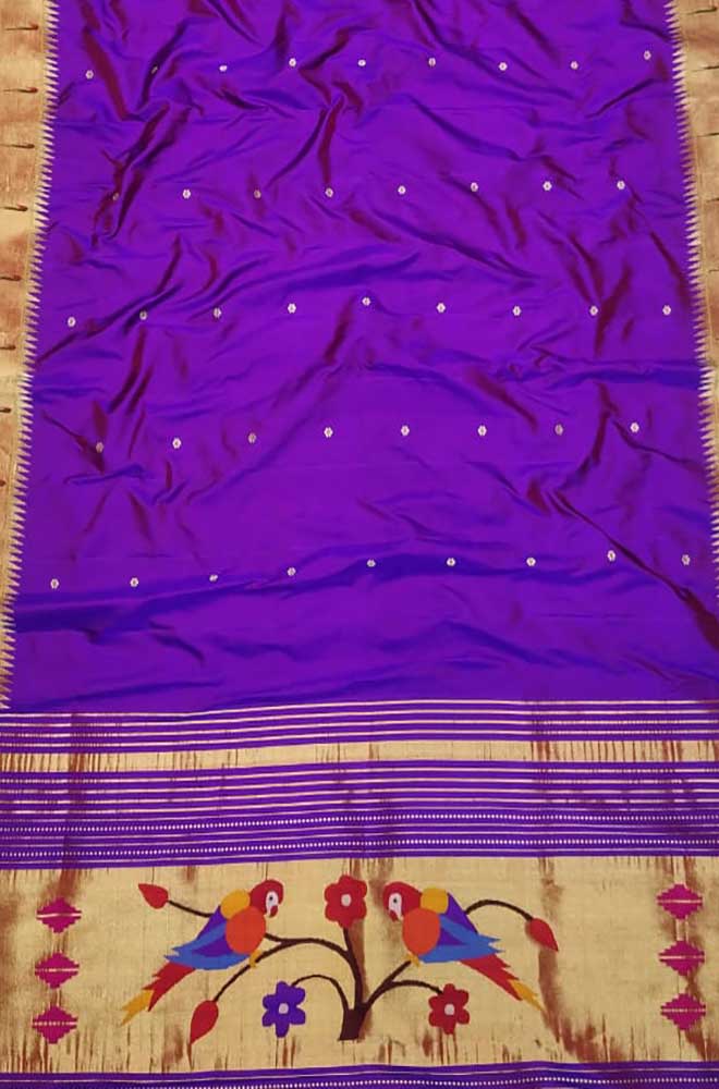 Purple Handloom Paithani Pure Silk Single Muniya Border Parrot Design Dupatta - Luxurion World