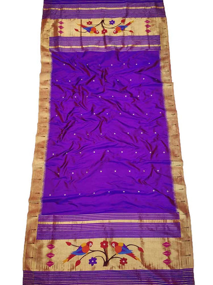 Purple Handloom Paithani Pure Silk Single Muniya Border Parrot Design Dupatta - Luxurion World