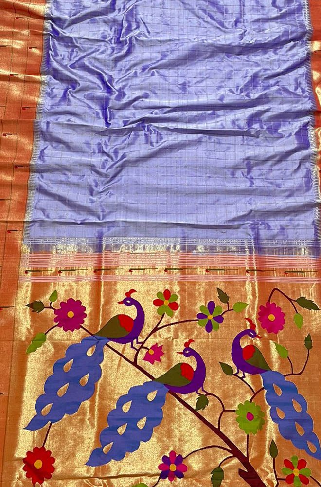 Purple Handloom Paithani Pure Silk Triple Muniya Border Checks Design ...