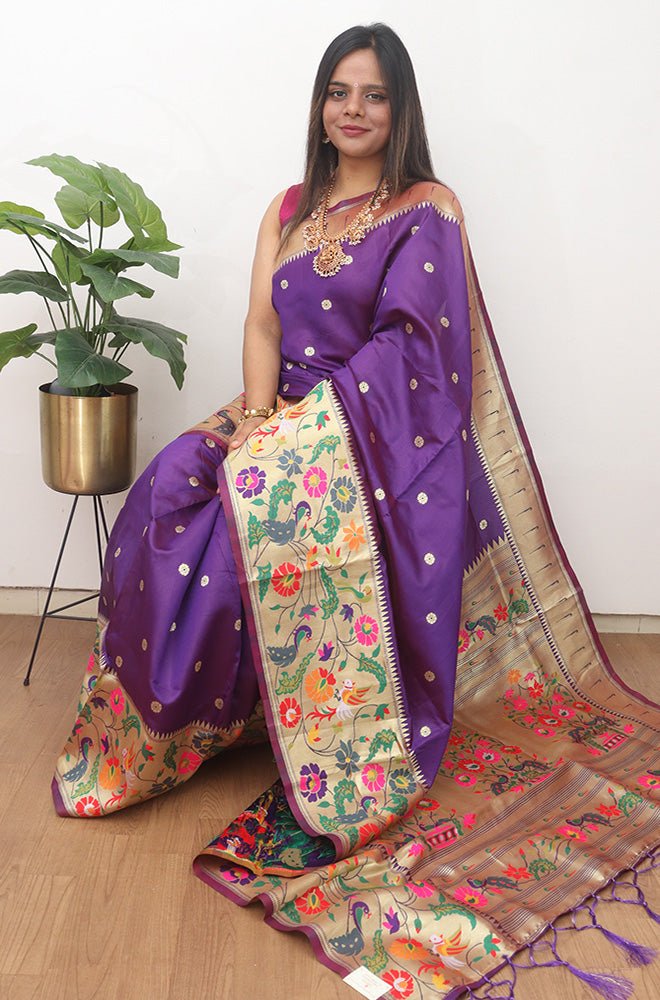 Purple Paithani Silk Flower And Bird Design Saree - Luxurionworld –  Luxurion World