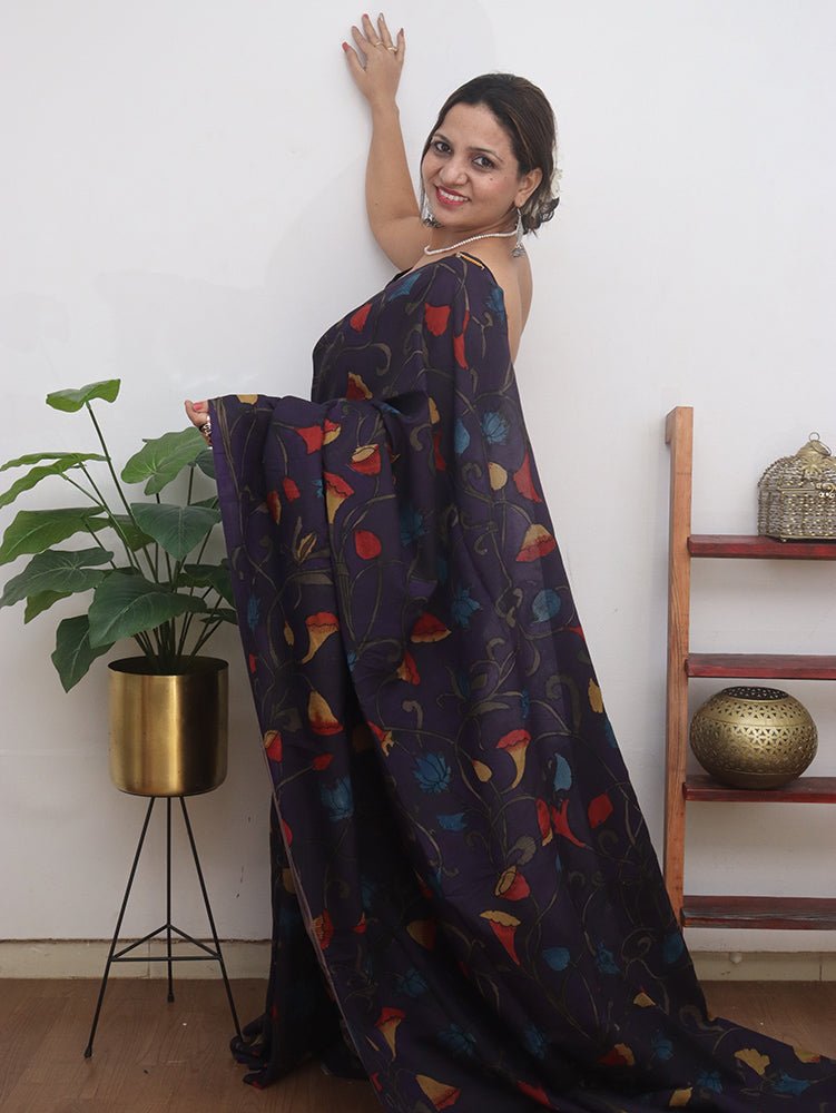 Purple Pen Kalamkari Pure Silk Saree - Luxurionworld