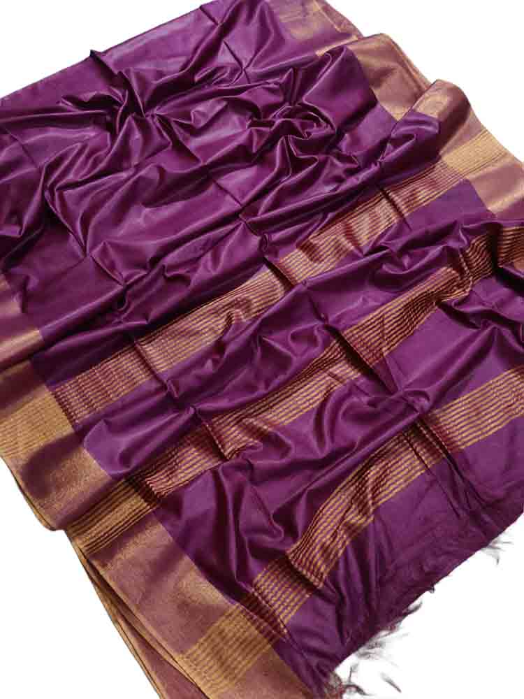 Kanani Plain Lace Work Vichitra Silk Saree (Purple Color)