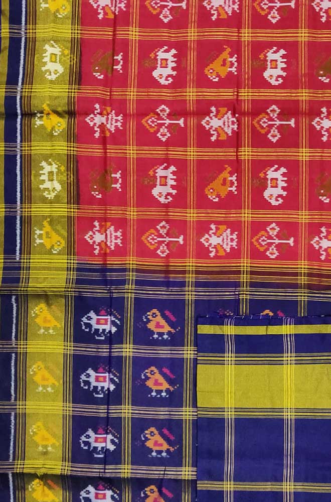 Red And Blue Checks Handloom Single Ikat Patola Pure Silk Saree - Luxurion World