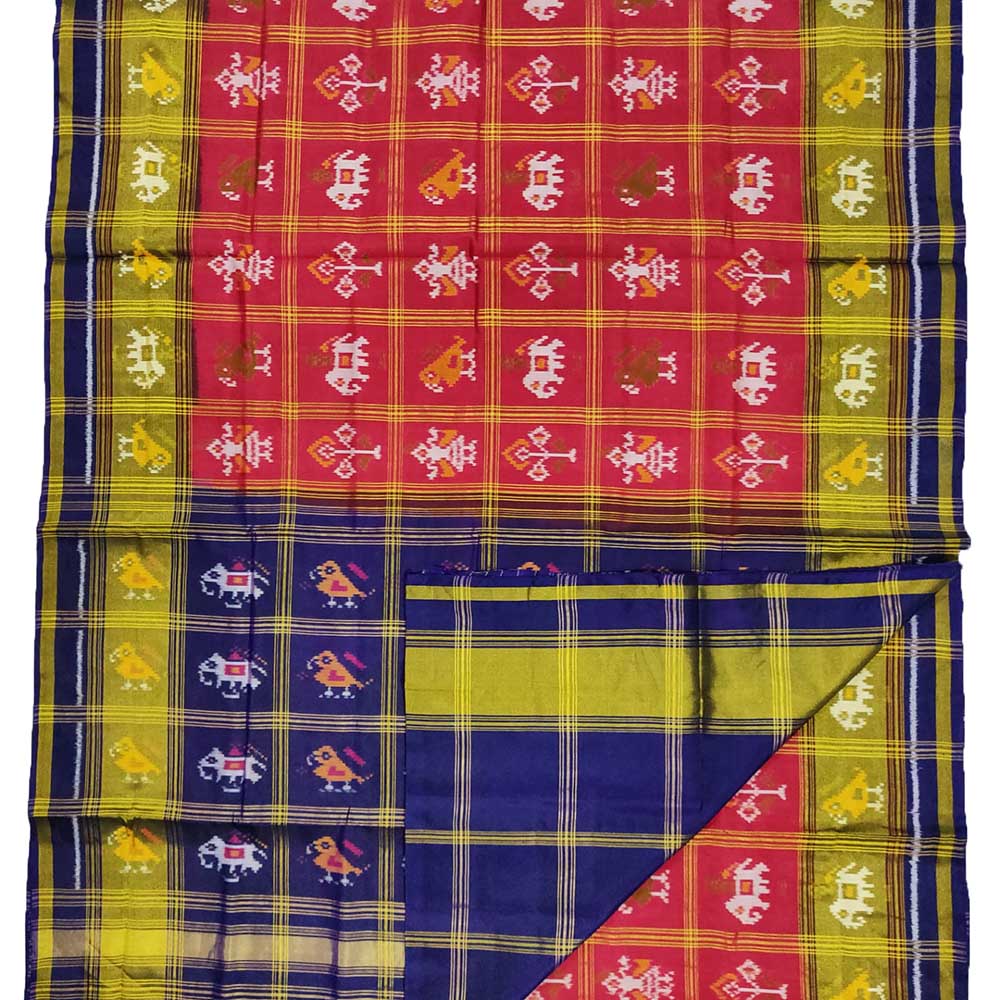 Red And Blue Checks Handloom Single Ikat Patola Pure Silk Saree - Luxurion World