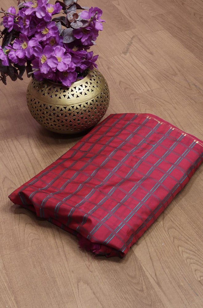 Red Banarasi Cotton Silk Checks Design Fabric (1 Mtr) - Luxurion World